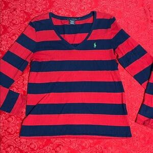 Ralph Lauren Sport Striped Long Sleeve Shirt Women XL Red Navy V Neck Pony